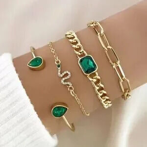 4pc Gold and Green Snake Pendant Bracelet Set